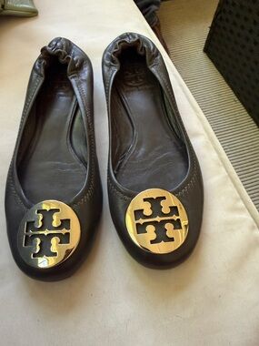 Tory Burch Dark Brown Leather Flats with Gold Logo Medallions